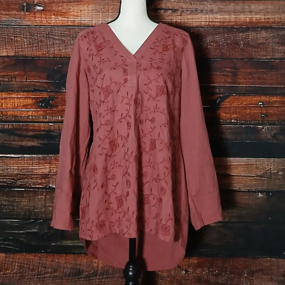 Soft Surroundings Tunic Top M Linen Blend Embroidered - Picture 2 of 8
